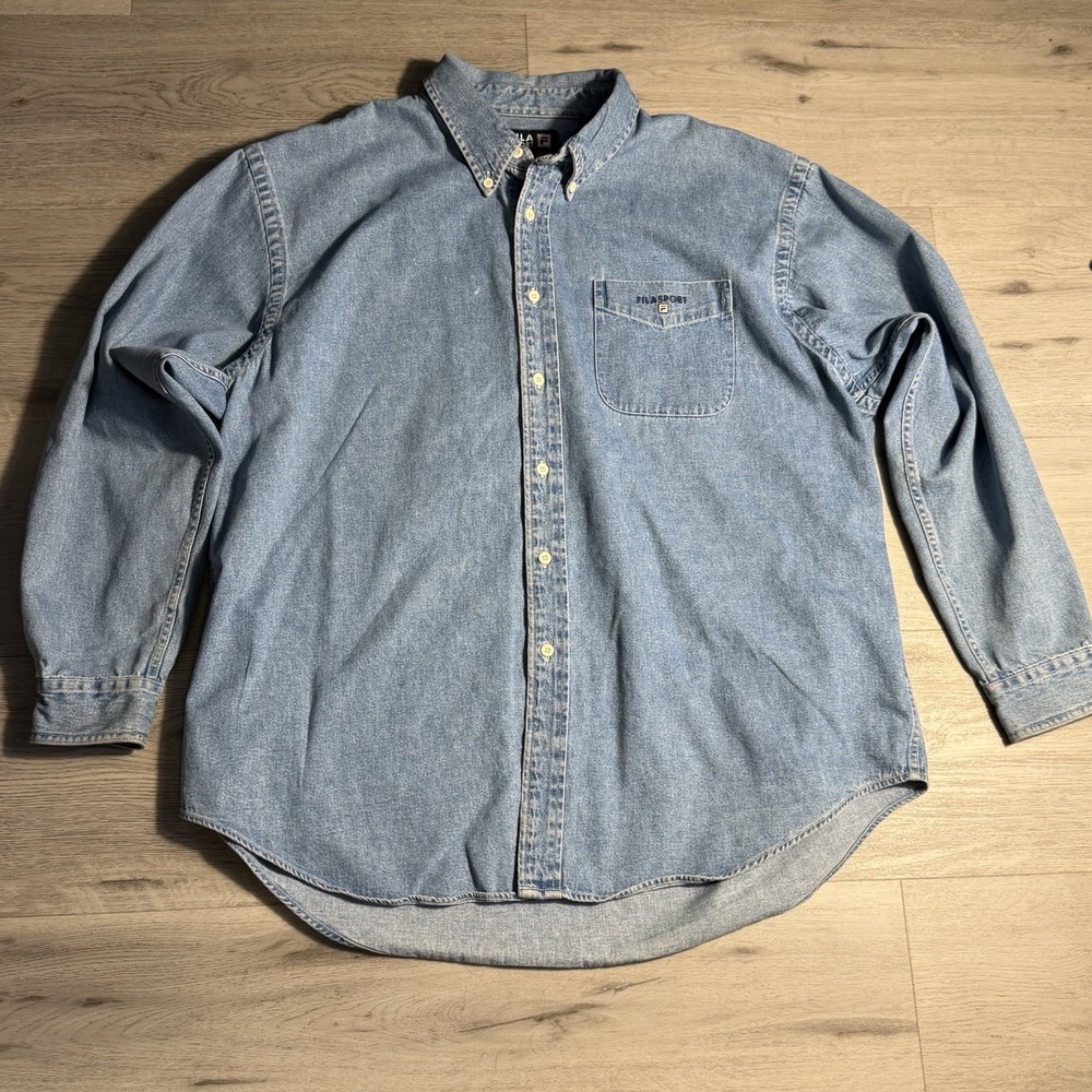 Vintage Fila Sport Denim Button‎ Up Shirt XL Blue Acid Wash 90s Streetwear